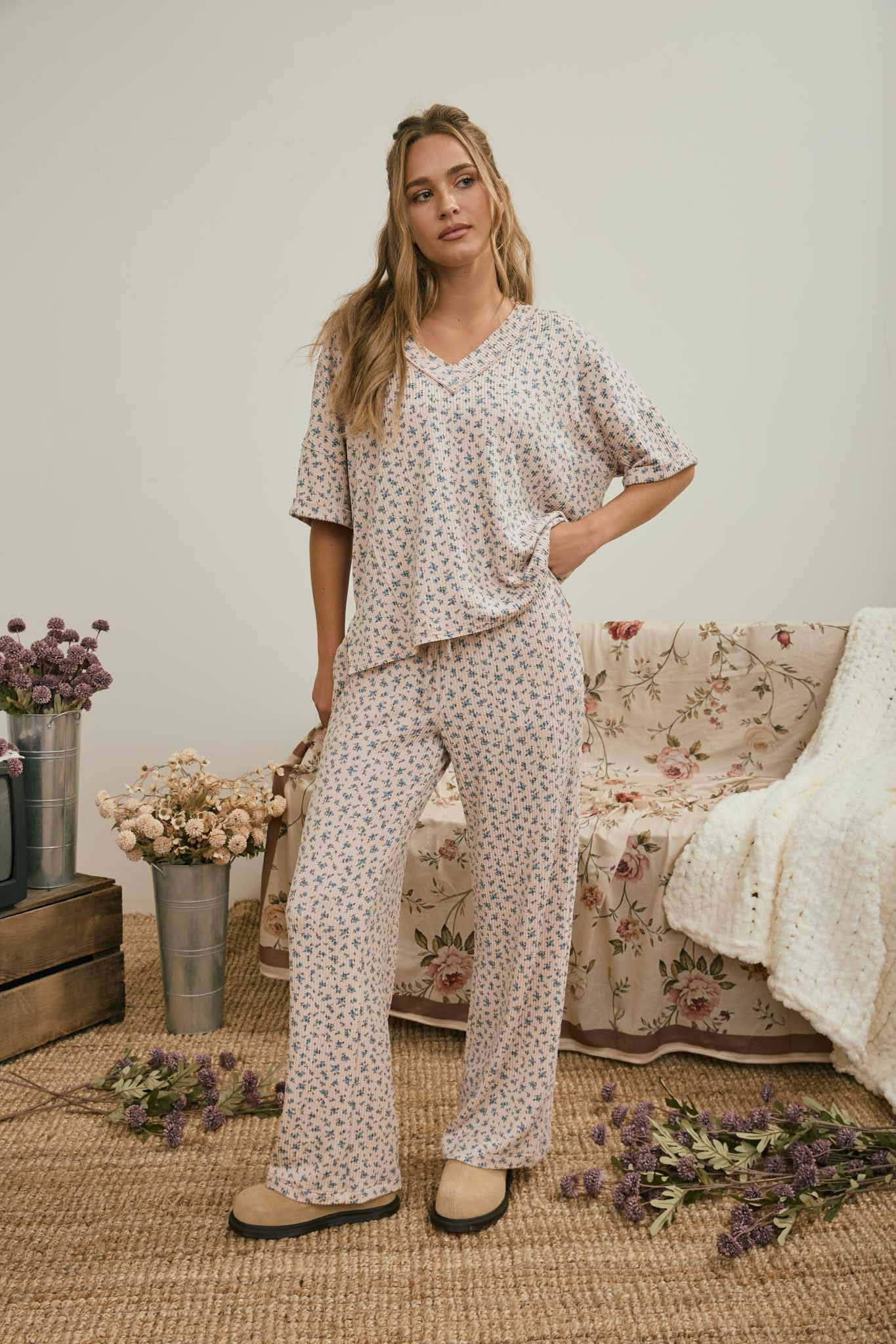 DITSY FLORAL RIB KNIT WIDE LEG LOUNGE PANTS