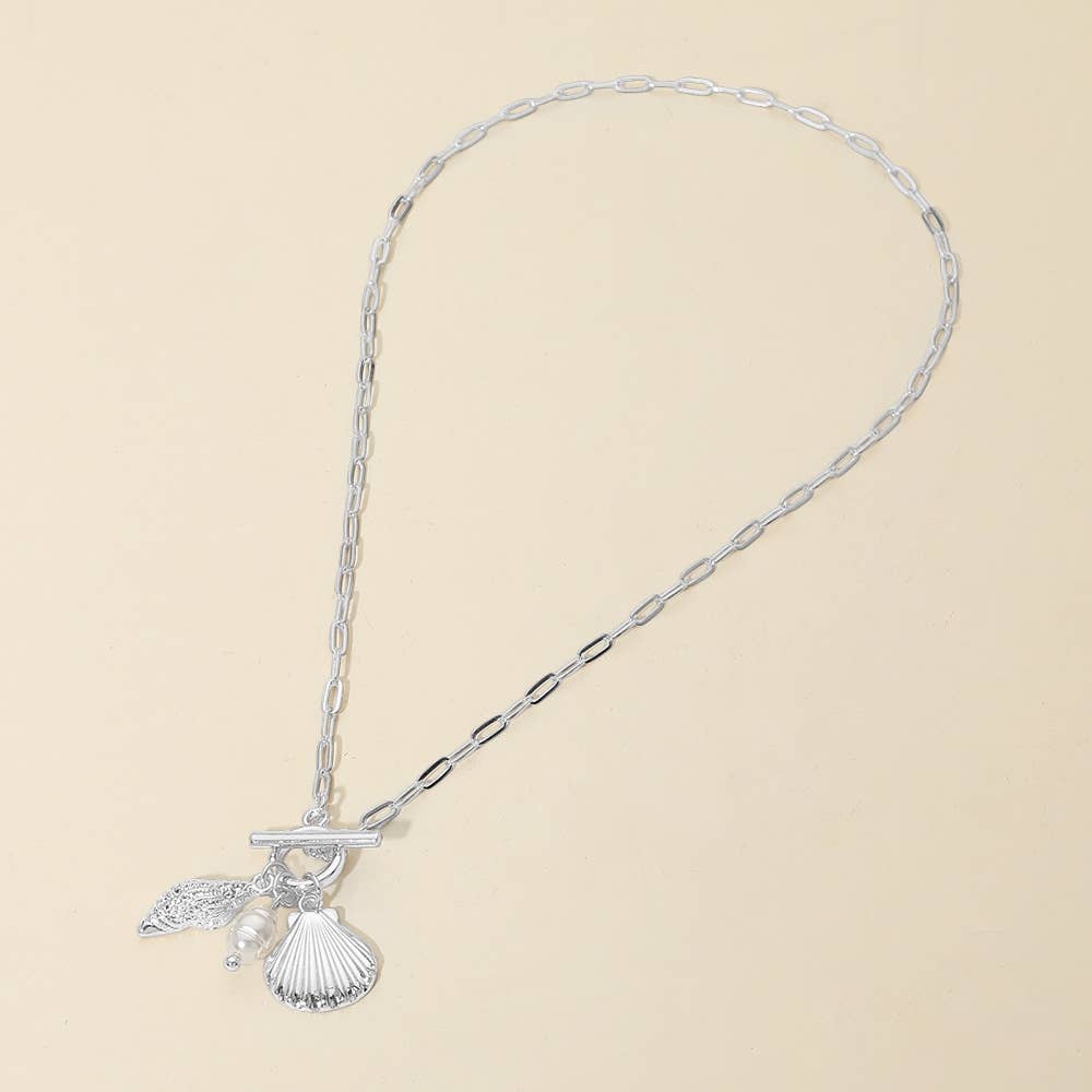 Seashell Pearl Charm Toggle Paperclip Chain Necklace