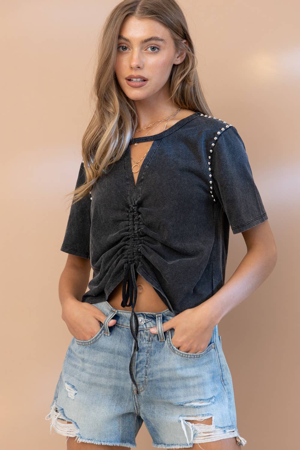 32154T - Washed Cut Out V Tunnel Cinch Tie Front Studded Tee