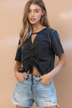 32154T - Washed Cut Out V Tunnel Cinch Tie Front Studded Tee