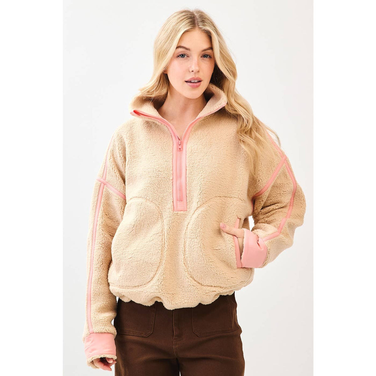 HALF ZIP CONTRAST DETAIL FLEECE SWEATSHIRT