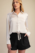 Collar Neck Long Sleeve Adjustable Drawstring Hem Shirt