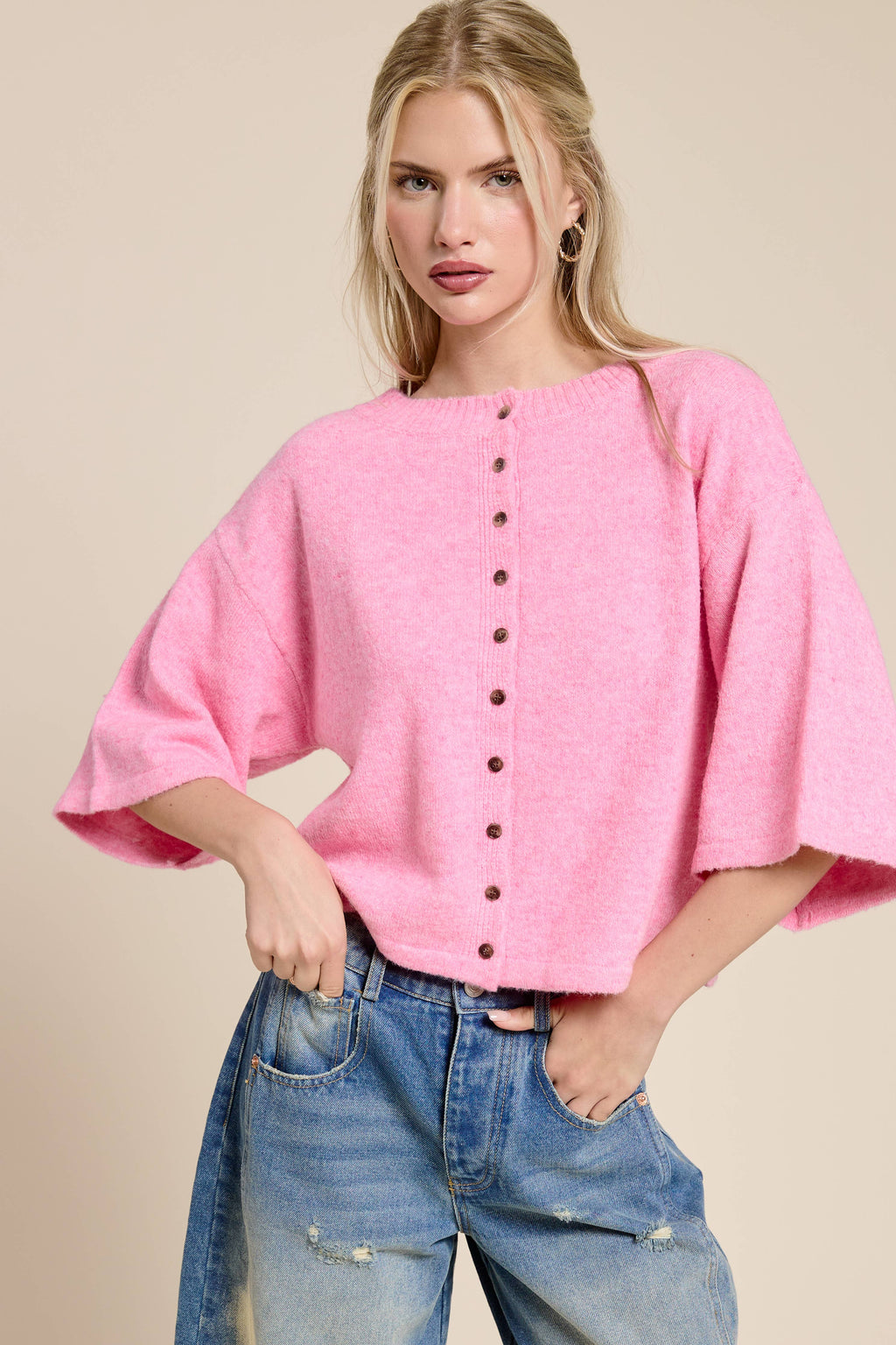 Wide Sleeve Button Front Knit Cardigan