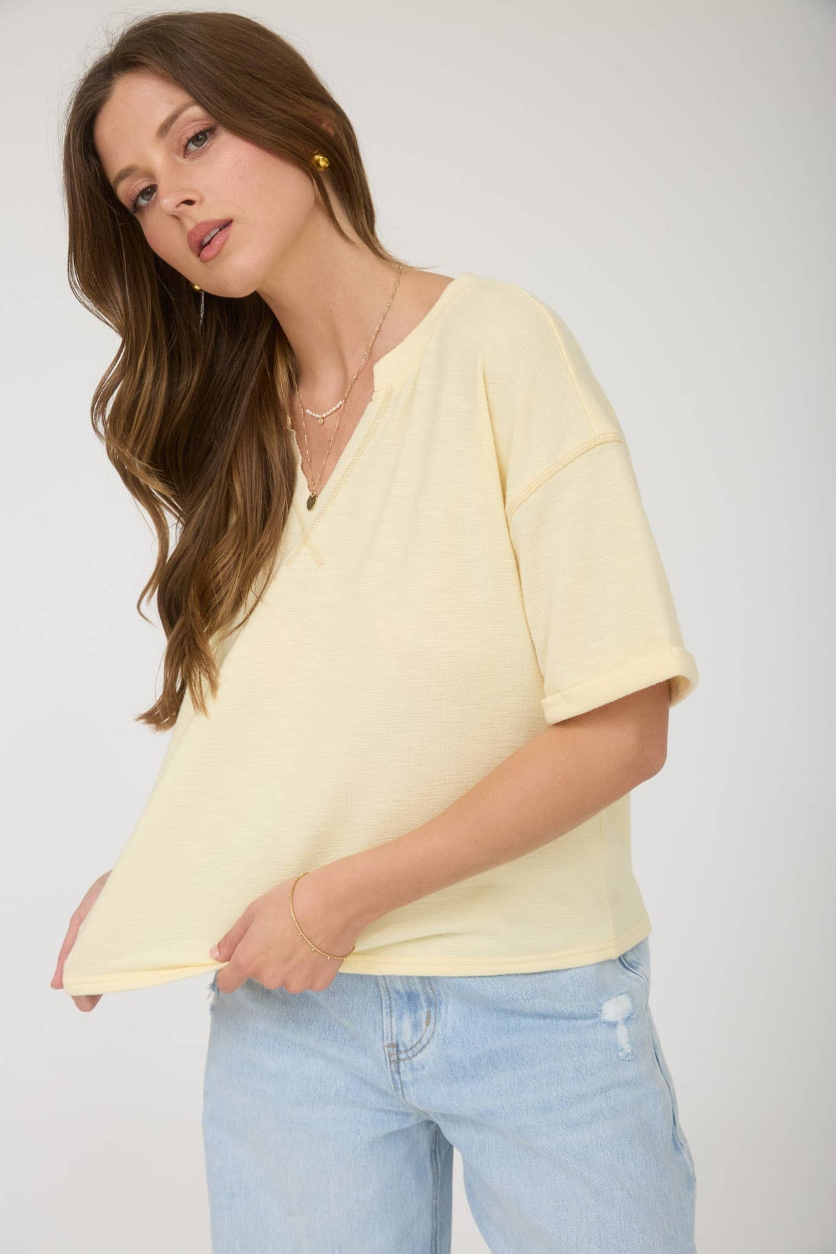 CONTRAST STITCH DROP SHOULDER CUFF SLEEVE KNIT TOP