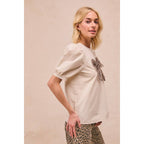 SOLID WOVEN LEOPARD MESH BOW PATCHED PUFF SLEEVES TOP-BACK K