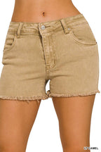 Washed Fray Hem Cotton Denim Shorts - Zenana