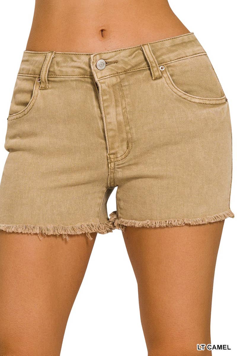 Washed Fray Hem Cotton Denim Shorts - Zenana