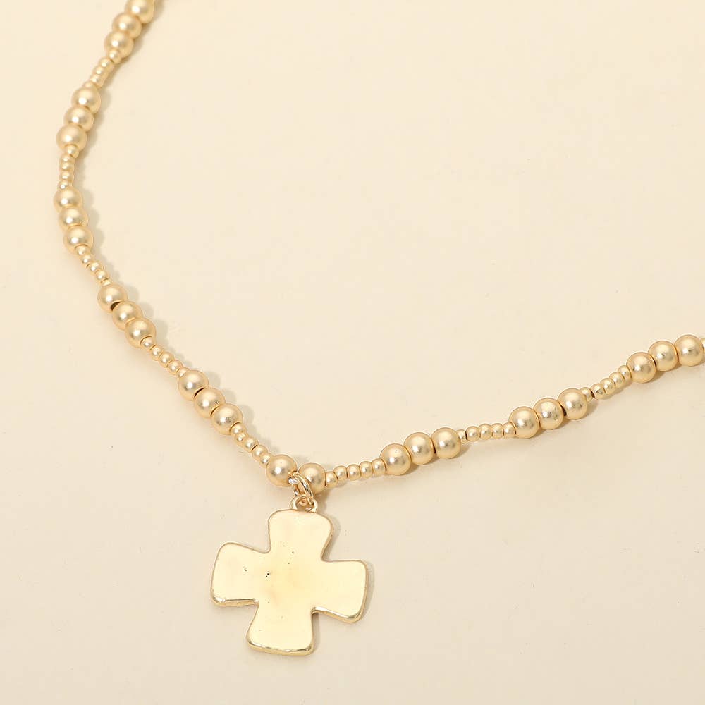 Brushed Hammered Metal Cross Pendant Beaded Chain Necklace