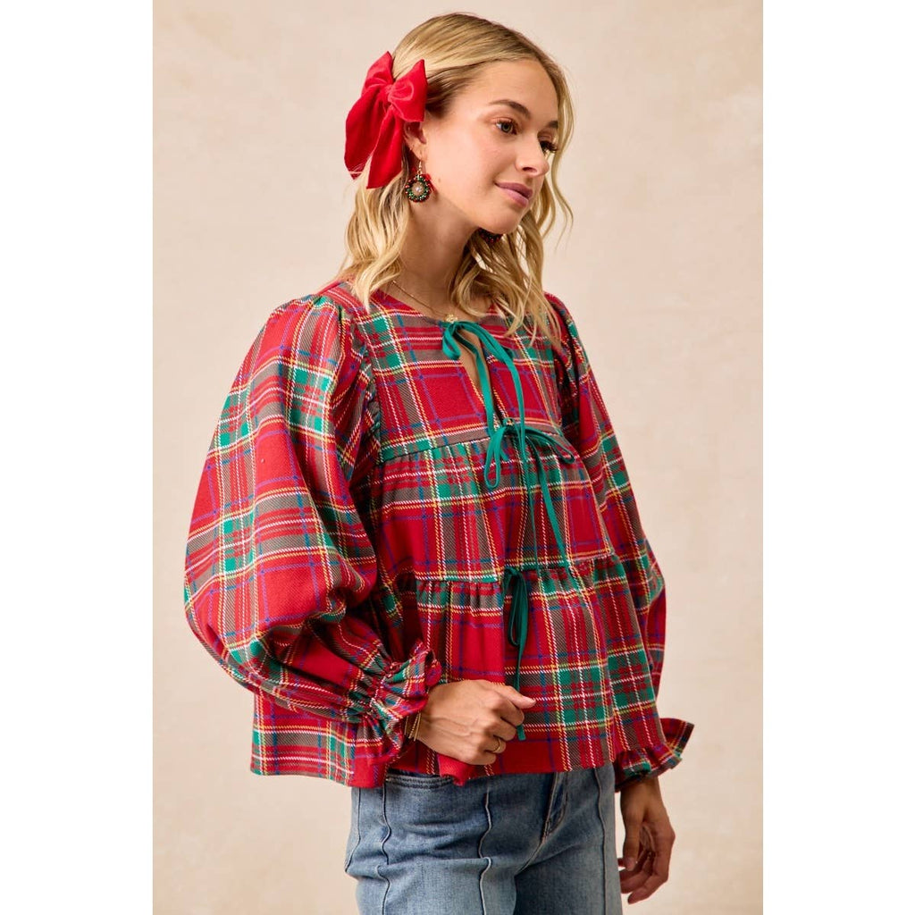CHRISTMAS PLAID TOP WITH FRONT BOW TIED DETAILS