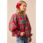 CHRISTMAS PLAID TOP WITH FRONT BOW TIED DETAILS