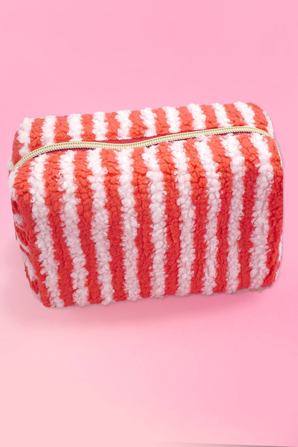Plush Striped Sherpa Makeup Bag - Cozy Travel Pouch | 40P621