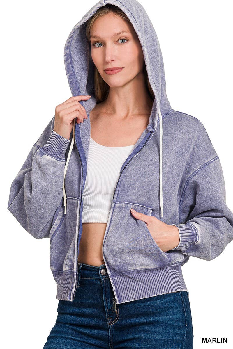 Acid Wash Fleece Cropped Zip-up Hoodie W Pockets