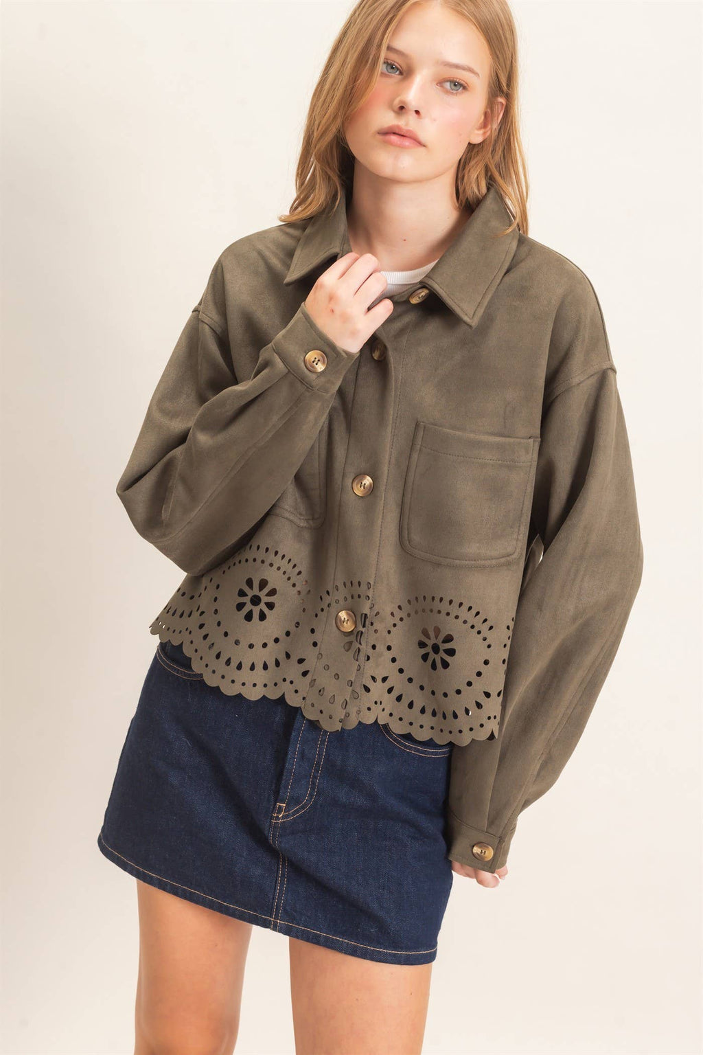 Suede Jacket With Laser Cut Hem