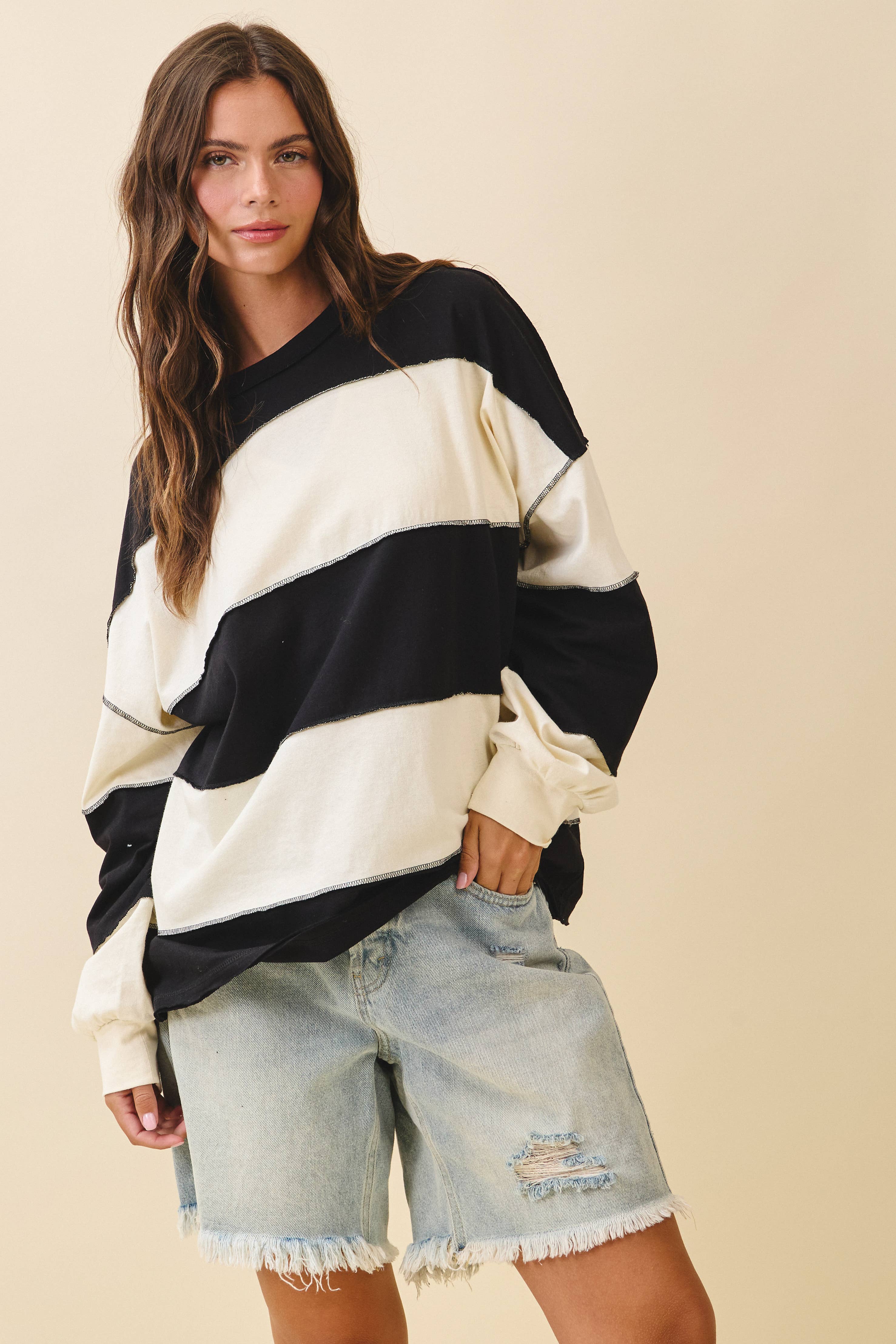 8551GN Contrast Panel Long Sleeve Slouchy Top