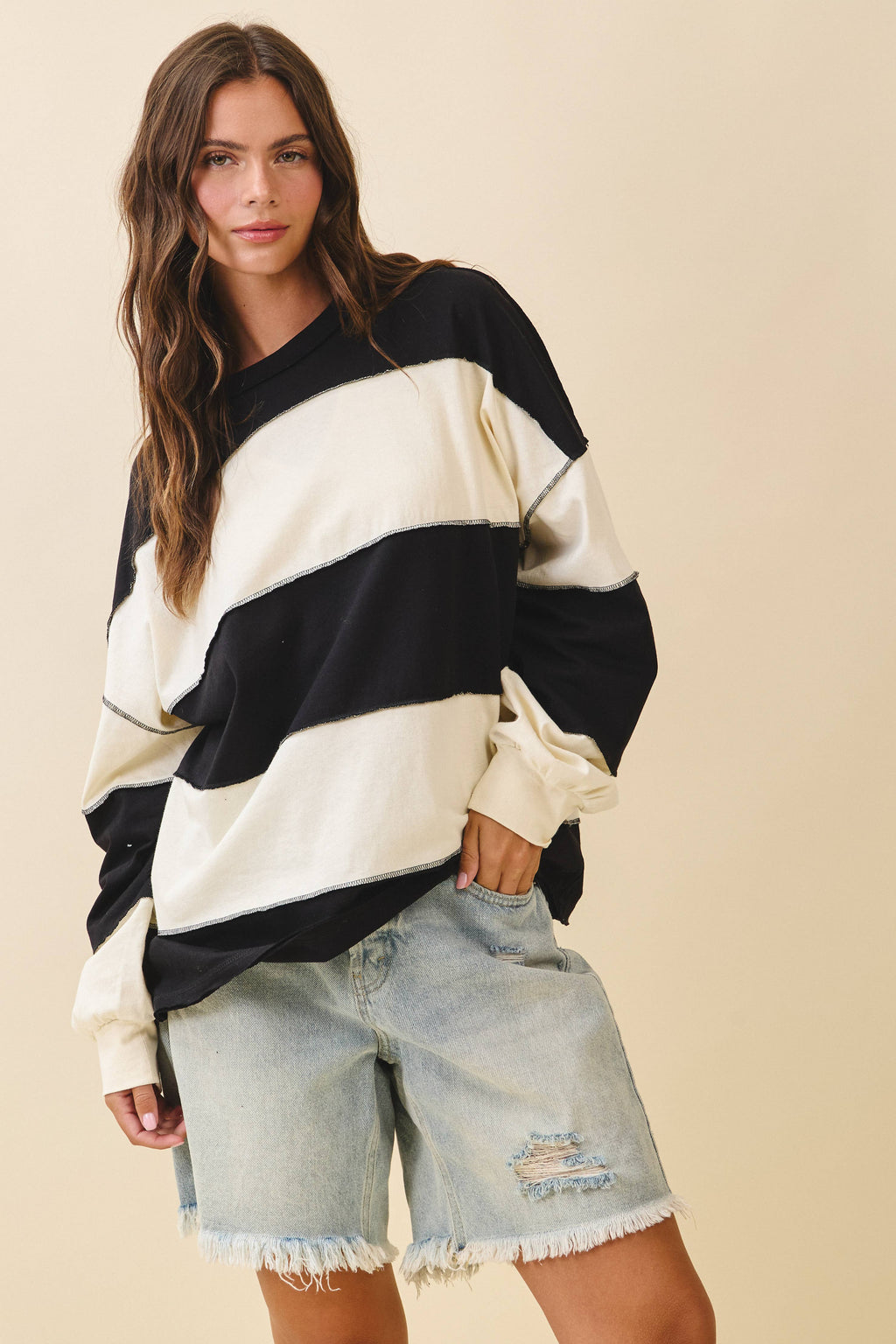 8551GN Contrast Panel Long Sleeve Slouchy Pullover 1