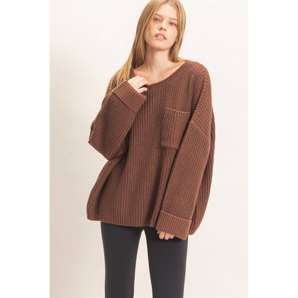 Ribbed Knit Patch Pocket Sweater