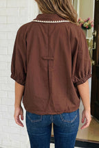 LAS Collar Contrast Trim Button Bubble Sleeve Blouse (S-XL)