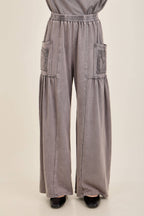 Mineral Washed Boho Trim Patched Pockets Pants HP7542