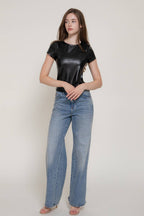 Short Sleeve Round Neck Stretch Faux Leather Top