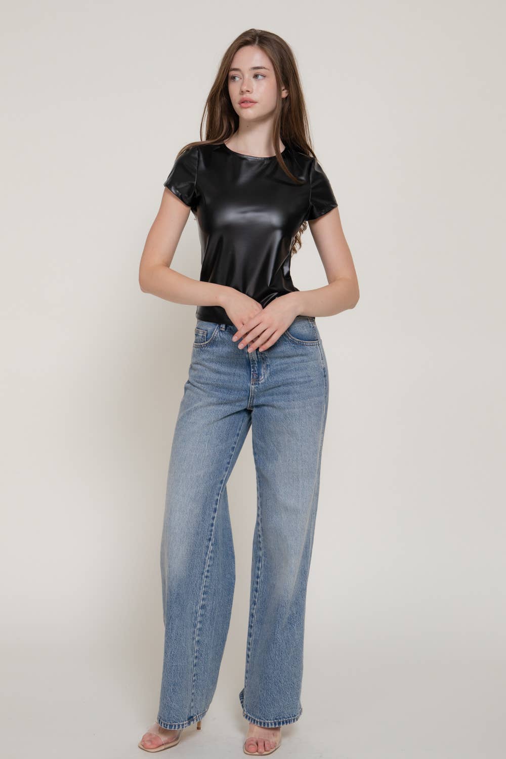 Short Sleeve Round Neck Stretch Faux Leather Top