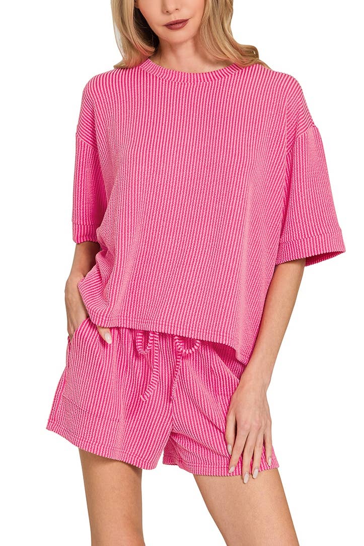 Corded Rib Short Sleeve Tee And Short Pants Set