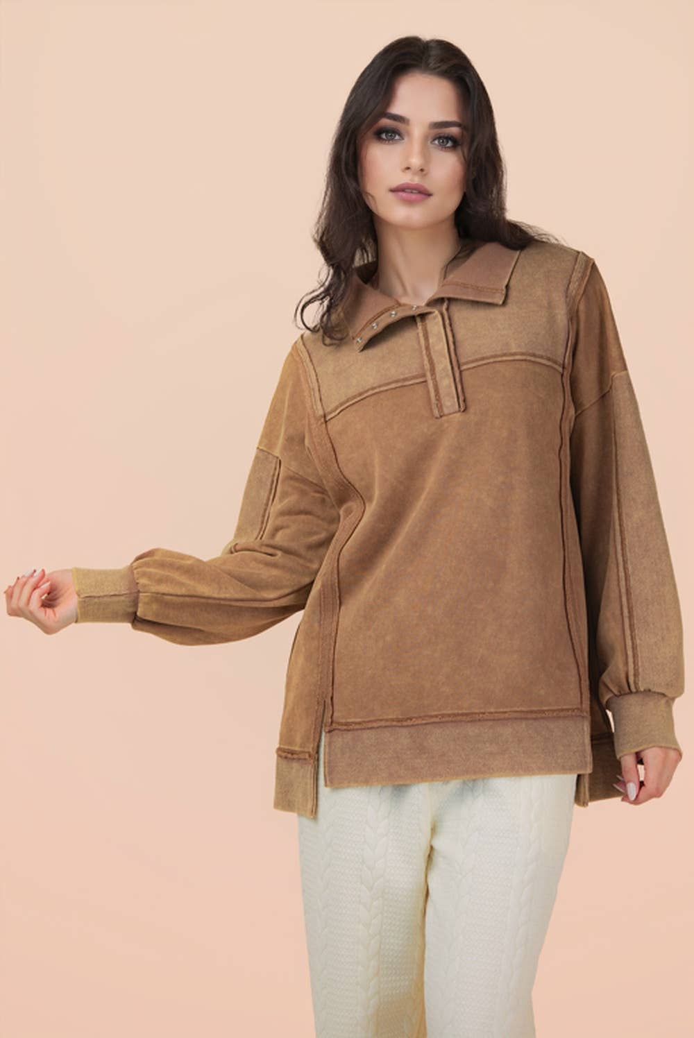 NT12365-Half Button Down Oversized Contrast Knit Top