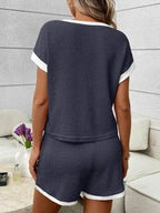 Waffle Knit Lounge Set Casual Shorts Outfit