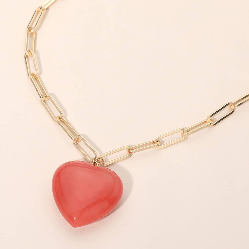 Resin Puffy Heart Pendant Paperclip Chain Necklace