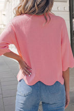 Solid Scalloped Hem 3/4 Sleeve Sweater Top | S-XL