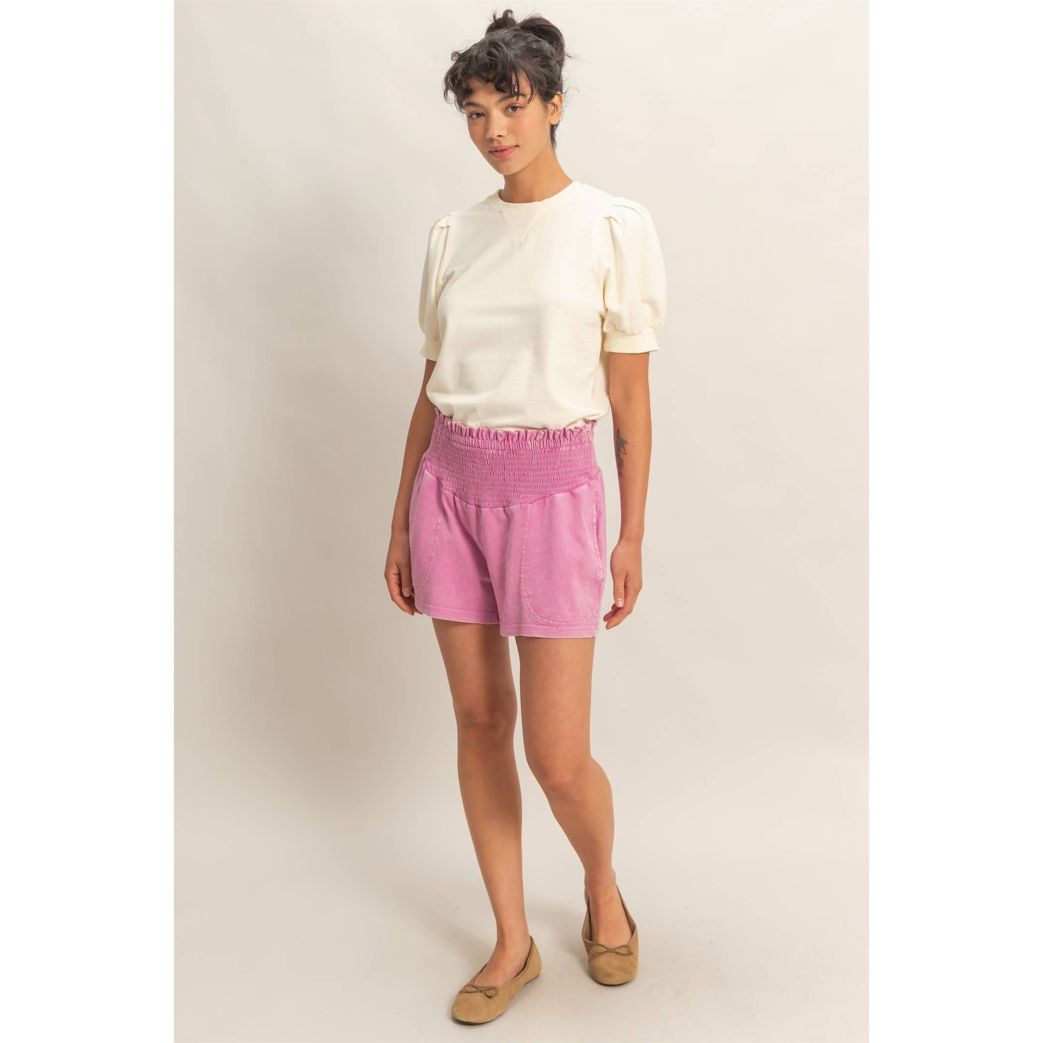 Smocked Waist Mineral Wash Shorts