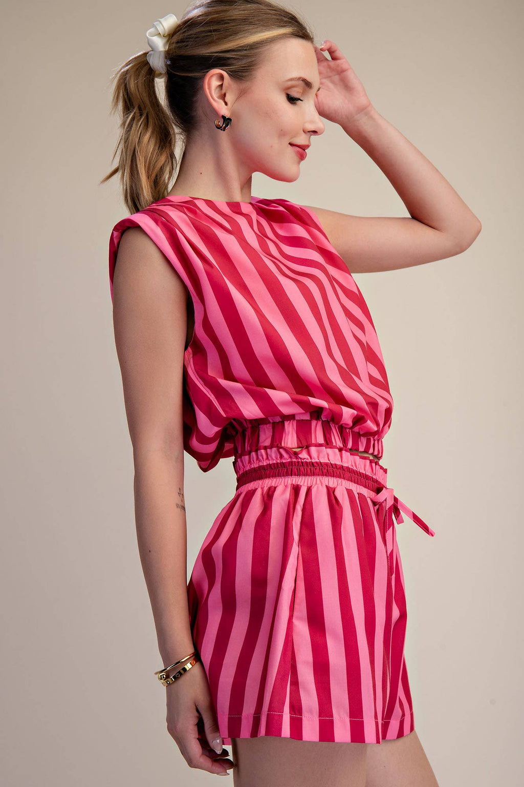 Stripe Top With Padded Shoulder and Elastic Waist