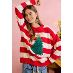 CHRISTMAS STRIPE AND TREE APPLIQUE KNIT TOP