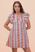 ND31775-Button Down Printed Ruffle Sleeve Mini Dress