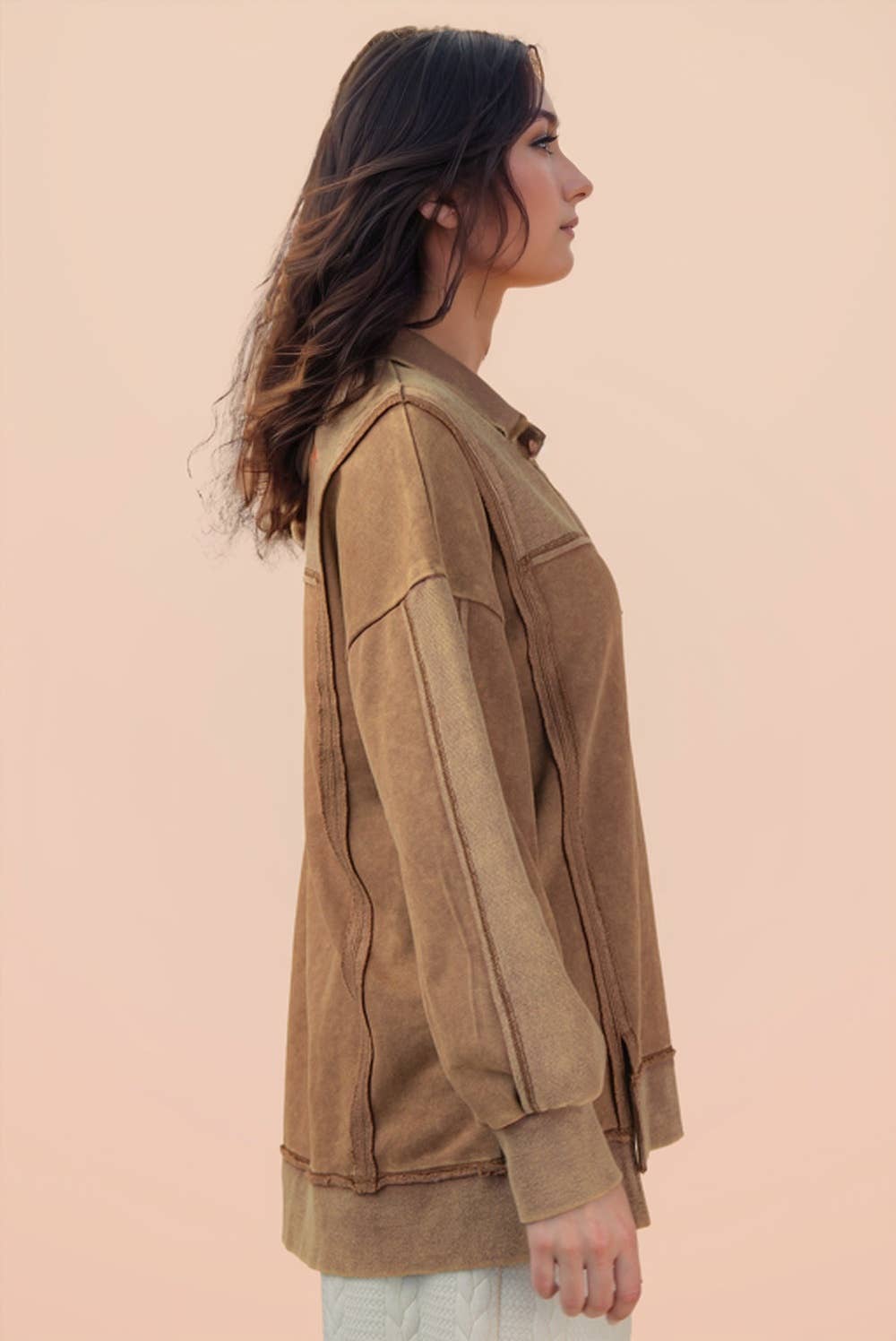 NT12365-Half Button Down Oversized Contrast Knit Top