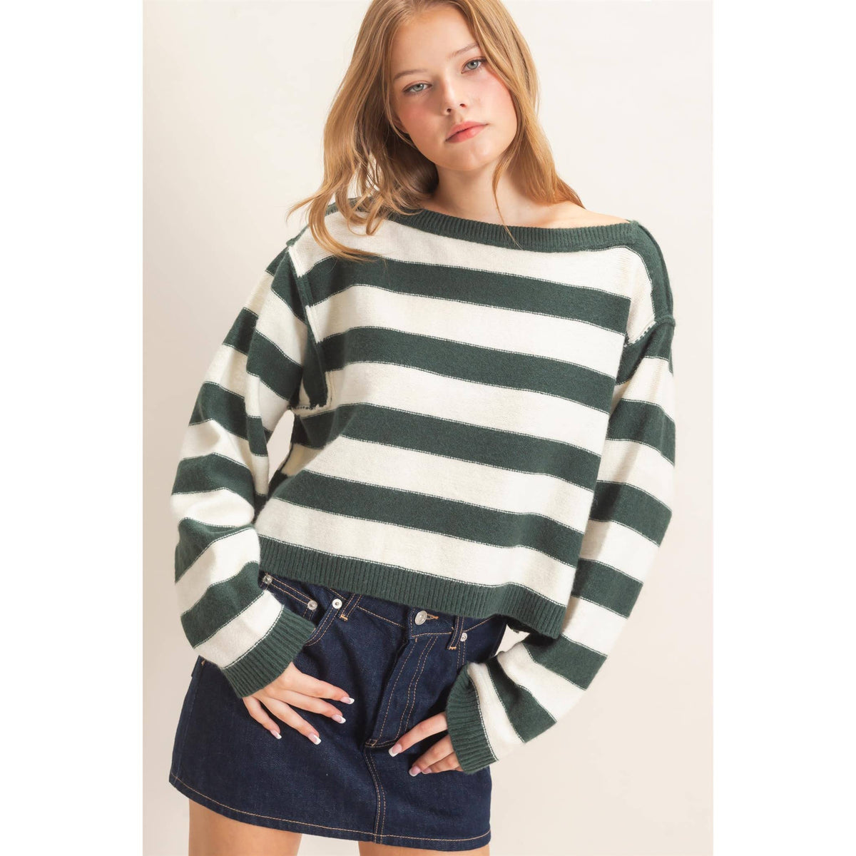 Striped Boat Neck Knit Sweater