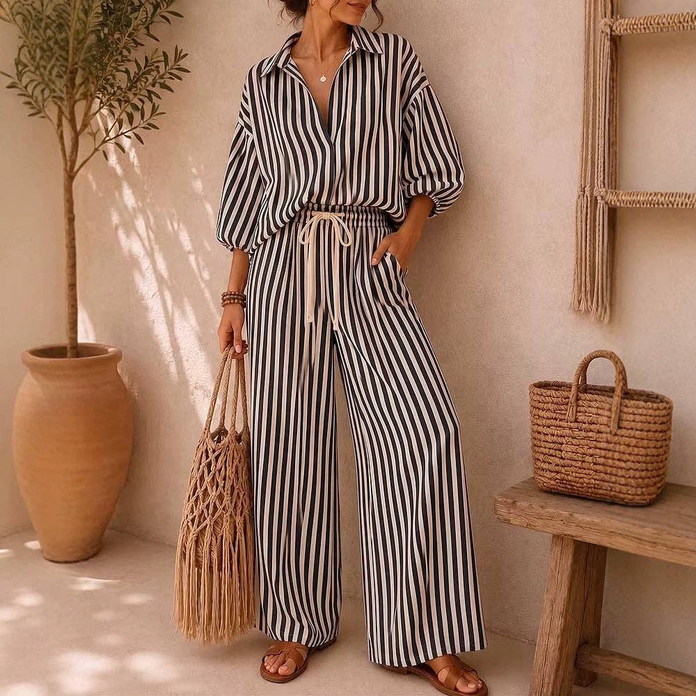 Striped Button Down Shirt & Wide Leg Pants Set