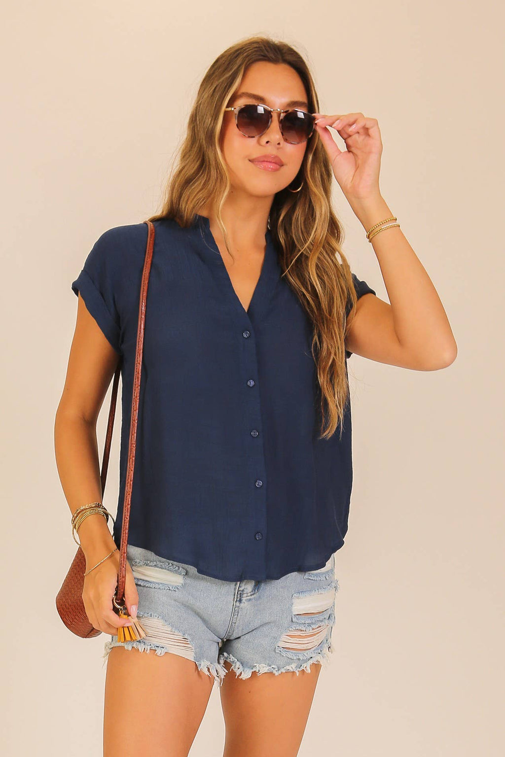 Textured Gauze Button-front Hi-Low Hem Blouse