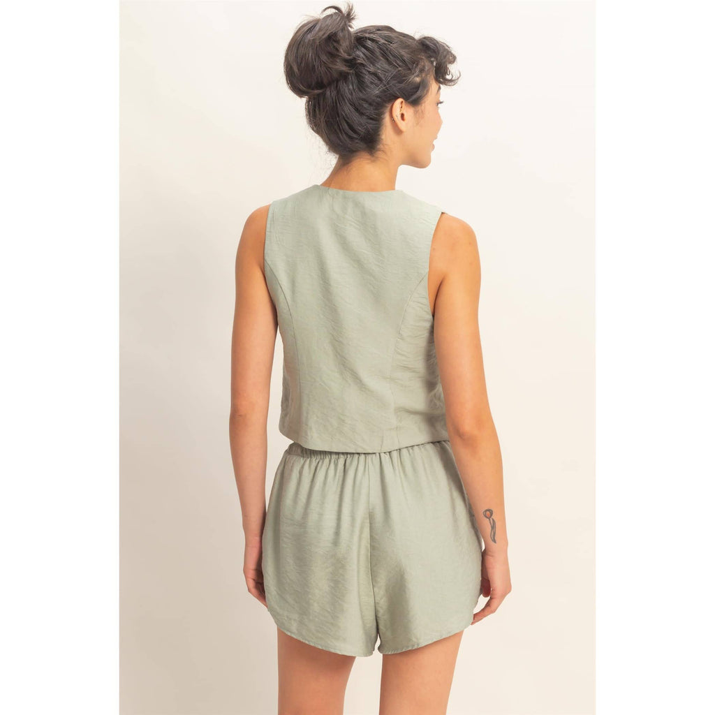 Sleeveless Tie-Front Vest And Elastic Waist Shorts Set
