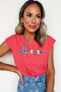 Red Stripe Sequin America Letter Patched Cap Sleeve Top