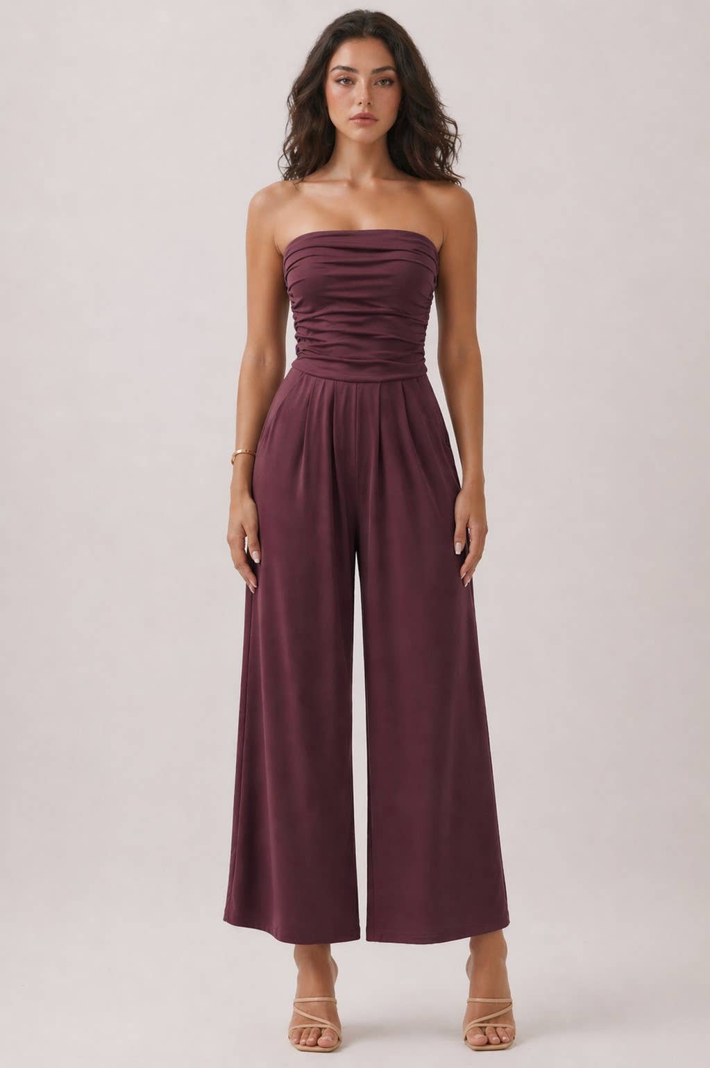 JR16435F - TUBE TOP W/SHIRRING PALAZZO ROMPER