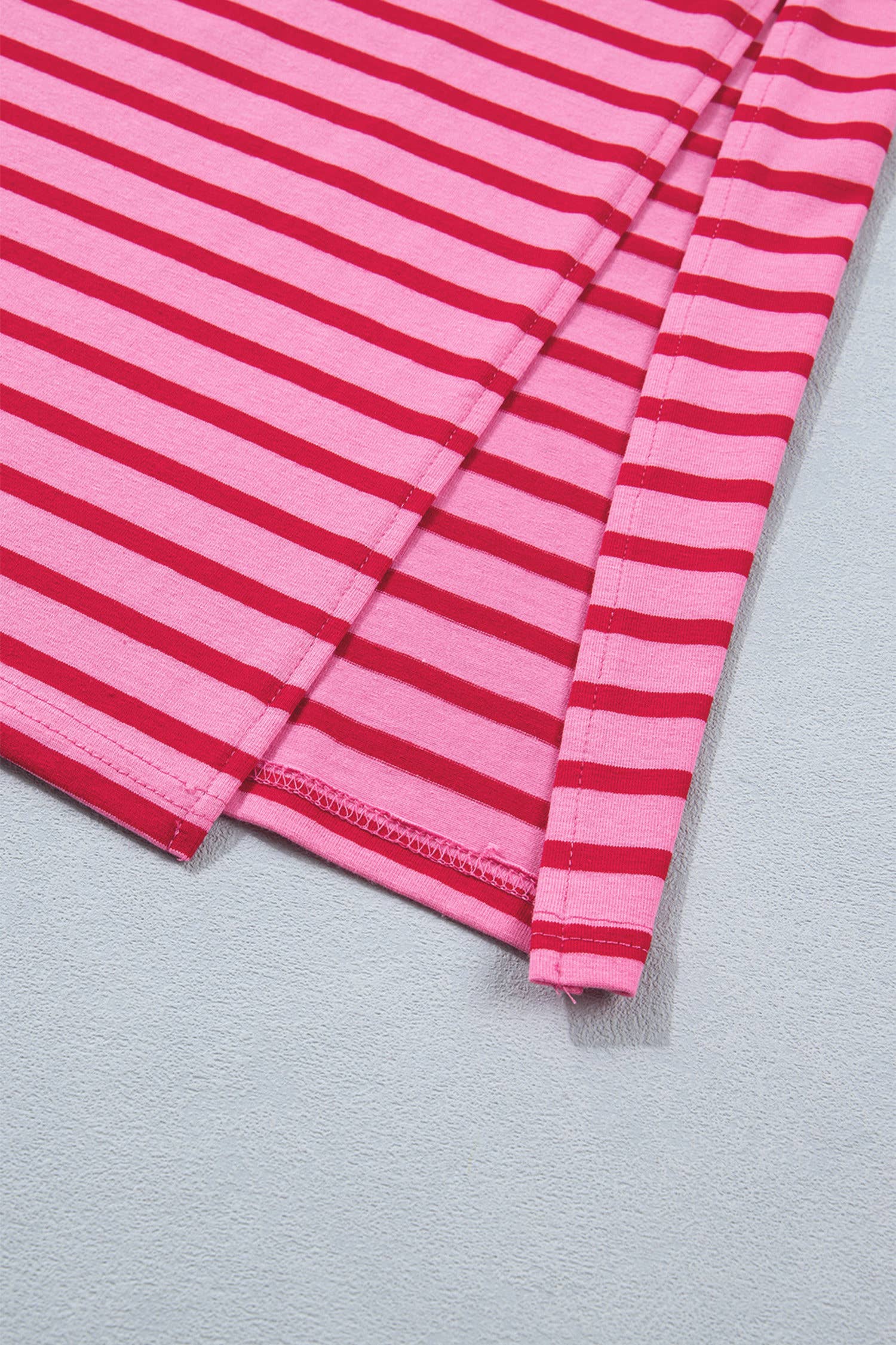 Striped Short Sleeve Scalloped Trim Side Slit Dress (S-XL)