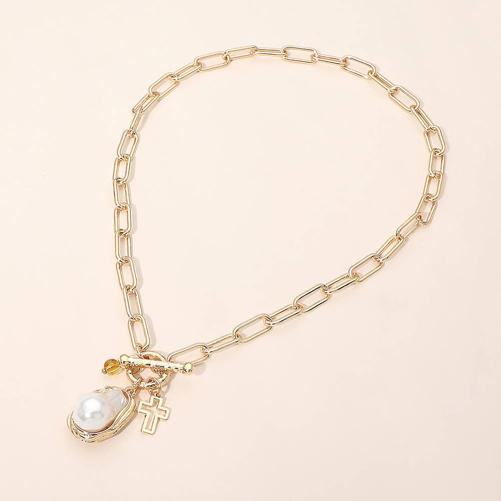 PEarl Cross Charm Toggle Pendant Paperclip Chain Necklace