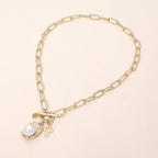 PEarl Cross Charm Toggle Pendant Paperclip Chain Necklace
