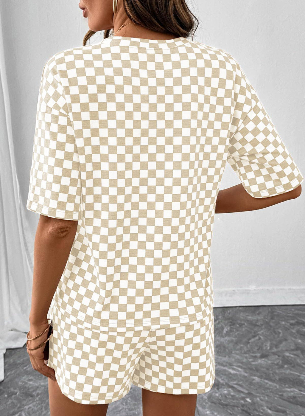 Checkered Short Sleeve Drawstring Lounge Set