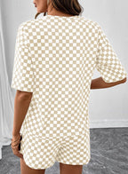 Checkered Short Sleeve Drawstring Lounge Set