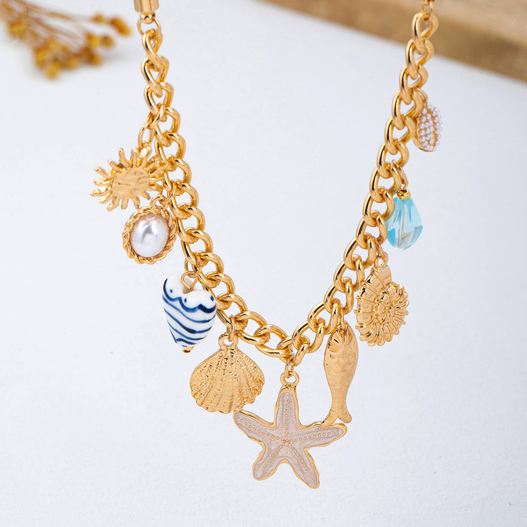 Sea Life Multi Charm- Boho Coastal Denim Necklace | 80N93111