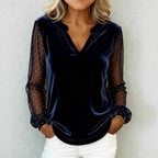 Velvet Mesh Sleeve Top V Neck Long Sleeve