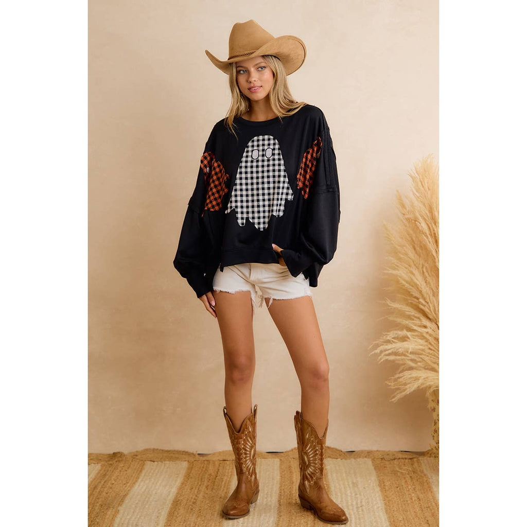 OVERSIZED PLAID GHOST APPLIQUE HALLOWEEN SWEATSHIRT