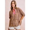 LEOPARD CONTRAST BANDED DOLMAN SLEEVES BLOUSE TOP