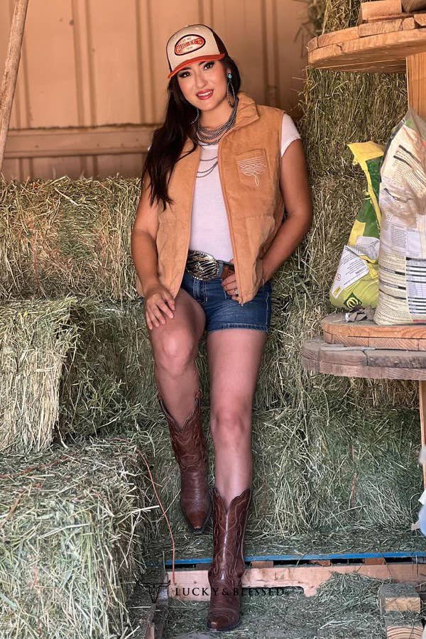 Camel Puffer W Aztec Lining Boot Stitch Detail Vest